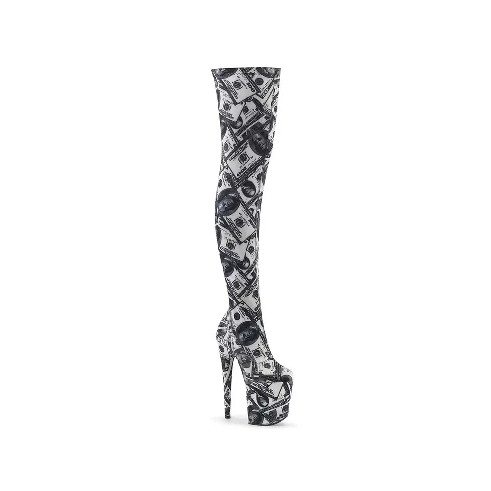Pleaser Flamingo-3000DP Money Print Thigh High Platform Boots Black White 8 Inch